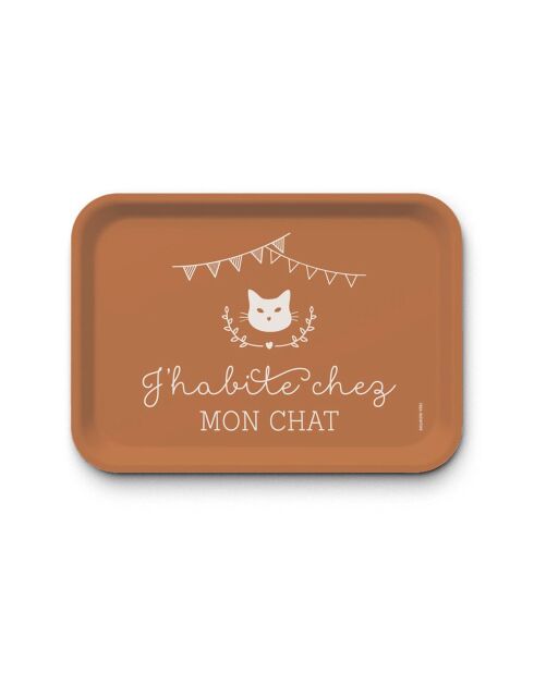 Plateau rectangulaire kraft L J'habite chez mon chat marron - 30 x 40 cm