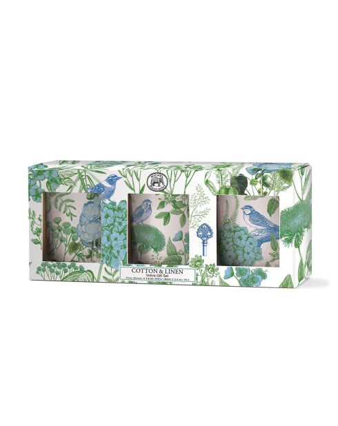 Set de regalo con 3 velas de algodón y lino multicolor, 70 g