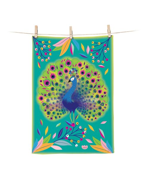 Torchon en coton biologique paon paon pidou multicolore - 50 x 70 cm