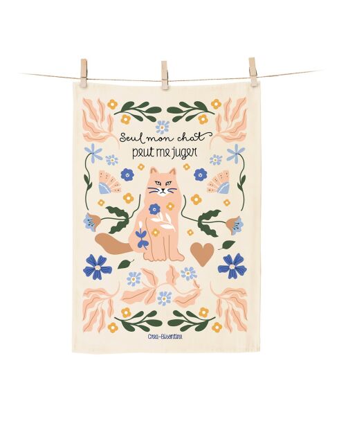 Torchon en coton biologique Seul mon chat peut me juger multicolore - 50 x 70 cm