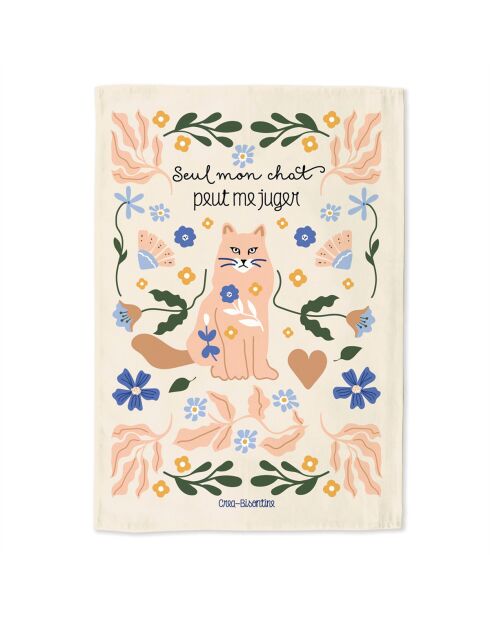 Torchon en coton biologique Seul mon chat peut me juger multicolore - 50 x 70 cm