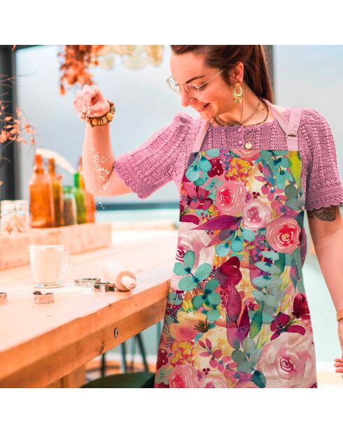 Tablier en coton biologique floral rose multicolore
