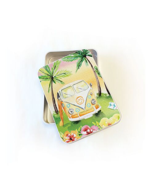 Boîte rectangulaire en métal Vacances rétro (combi) multicolore - 2,2 x 8,5 x 11,5 cm