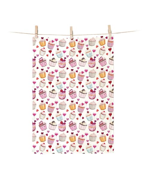 Paño de cocina de algodón orgánico Multicolor Cupcakes - 50 x 70 cm