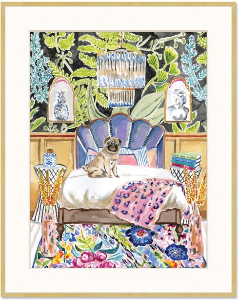 Stampa su vetro, cornice dorata, Pug Uptown Pets multicolore - 52 x 42 x 3 cm