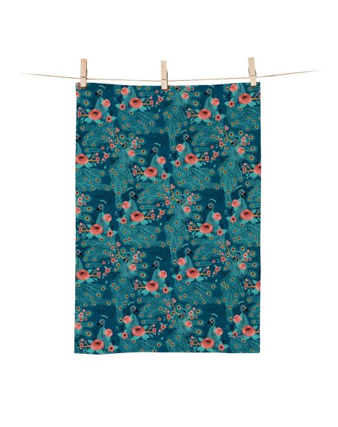 Torchon en coton biologique Paon multicolore - 50 x 70 cm