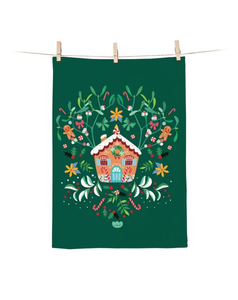 Torchon en coton biologique Maison bonbon multicolore - 50 x 70 cm