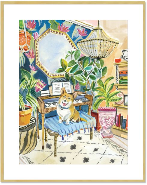 Stampa su vetro, cornice dorata Corgi Uptown Pets multicolor - 52 x 42 x 3 cm