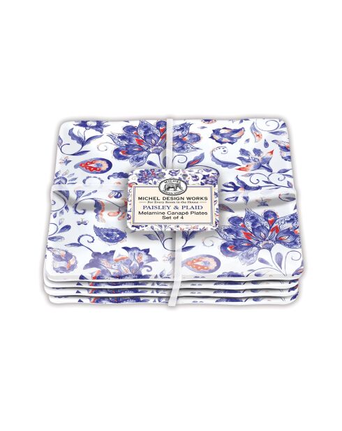Set 4 assiettes carrées petit modèle mélamine paisley & plaid multicolore - 15 x 15 cm