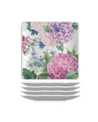 Set 4 vierkante borden klein model melamine wilde hortensia veelkleurig - 15 x 15 cm