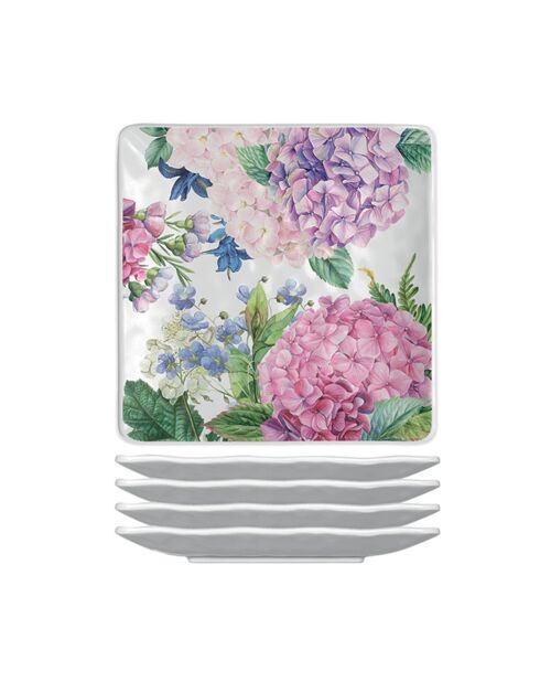 Set 4 assiettes carrées petit modèle mélamine wild hydrangea multicolore - 15 x 15 cm