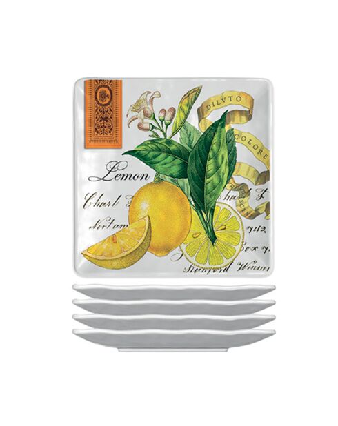 Set 4 assiettes carrées petit modèle mélamine lemon basil multicolore - 15 x 15 cm