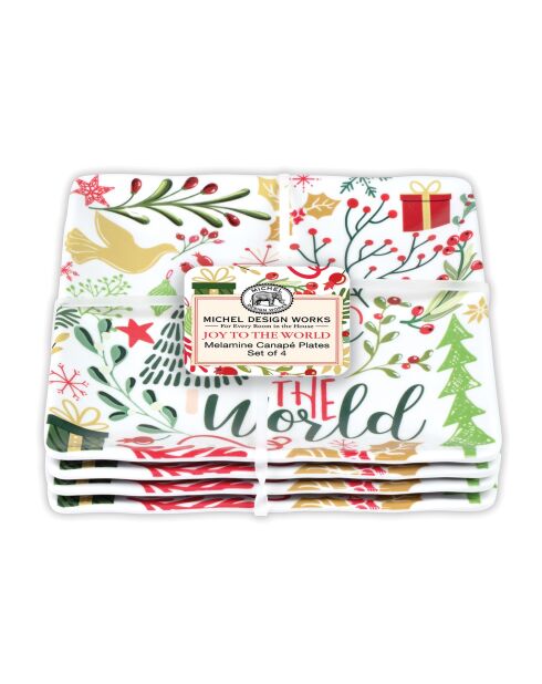 Set 4 assiettes carrées petit modèle mélamine joy to the world multicolore - 15 x 15 cm