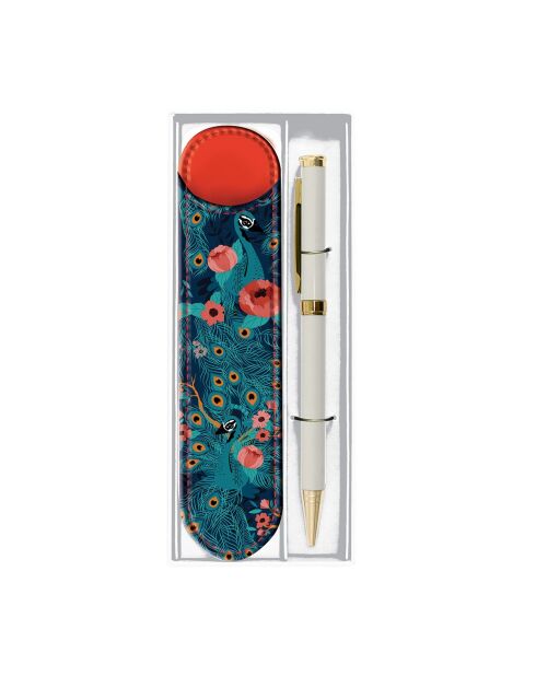 Set stylo bille et étui paon blanc - 3,5 x 15 cm