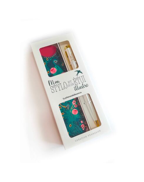 Set stylo bille et étui paon blanc - 3,5 x 15 cm