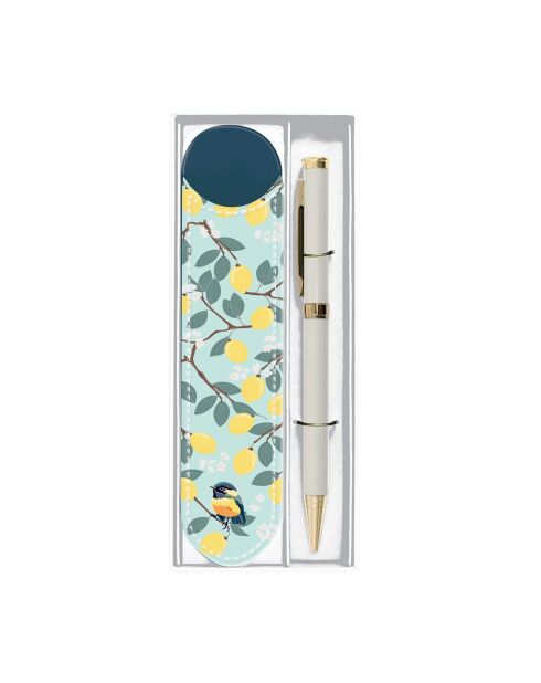 Set stylo bille et étui portrait d'un oiseau blanc - 3,5 x 15 cm