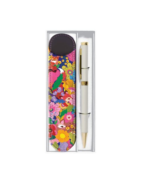Set stylo bille et étui forêt florale blanc - 3,5 x 15 cm
