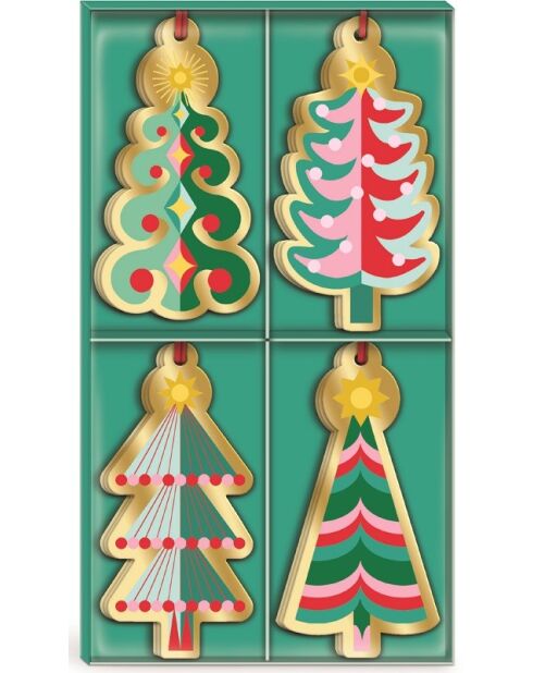 Scatola da 16 etichette regalo natalizie 4 motivi Gold Trees multicolore - 5 x 10 cm