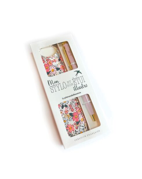 Set stylo bille et étui liberty brush rose - 3,5 x 15 cm