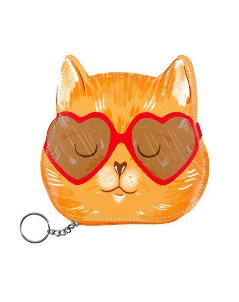 Trousse porte clés aspect cuir Pets Cat Heart Glasses orange - 12.7 x 12.7 cm