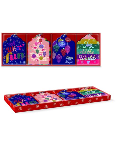 Caja de 16 etiquetas de regalo navideñas multicolores de Oh What Fun con 4 patrones, 5 x 10 cm