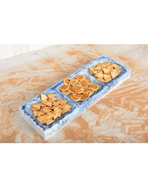 Plato de aperitivo con 3 compartimentos o plato para tartas de resina azul nube, 40 x 13,5 x 3 cm