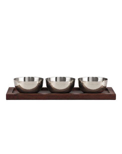 Set de aperitivos con 3 tazas plateadas en bandeja de madera, 35 x 11 x 5,5 cm