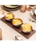 Set apéritif 3 coupelles argentées sur plateau en bois - 35x11x5.5 cm