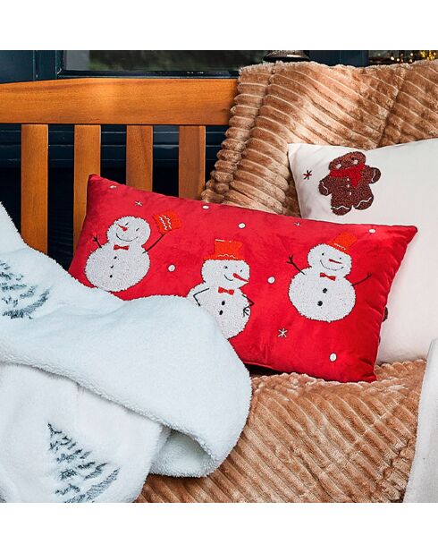 Coussin Esprit de Noël en velours à motifs bonhommes de neige rouge - 30 x 50 cm.
