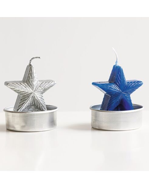 Lot de 5 bougies étoiles Lueurs de fêtes argentées et bleues - Ø 4 x H 5 cm.