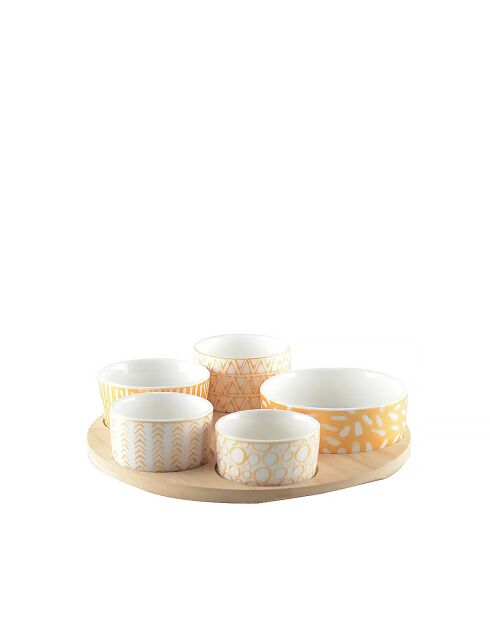 Set apéritif de 5 coupelles sur plateau en bois rond - 24.4x24.5x5.7 cm