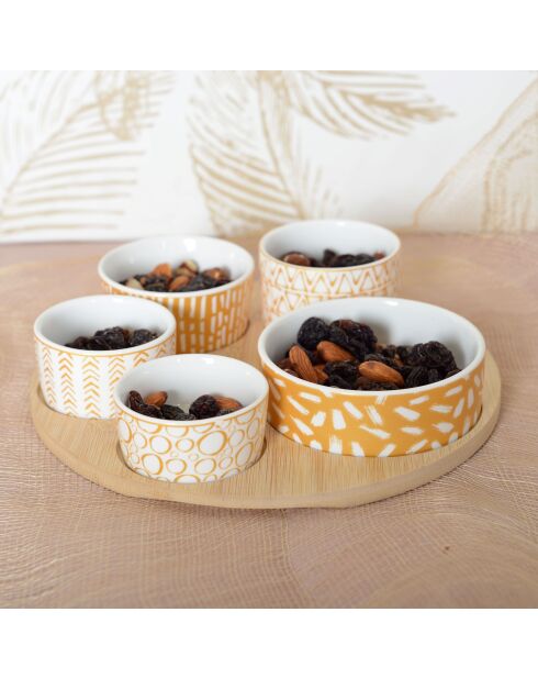 Set apéritif de 5 coupelles sur plateau en bois rond - 24.4x24.5x5.7 cm