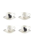 Set van 4 koffiekopjes met schoteltjes zwart en wit kat - 11x11x6 cm