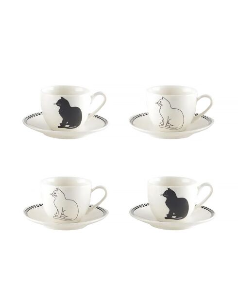 Lot de 4 tasses à café avec soucoupes chat noir et blanc - 11x11x6 cm
