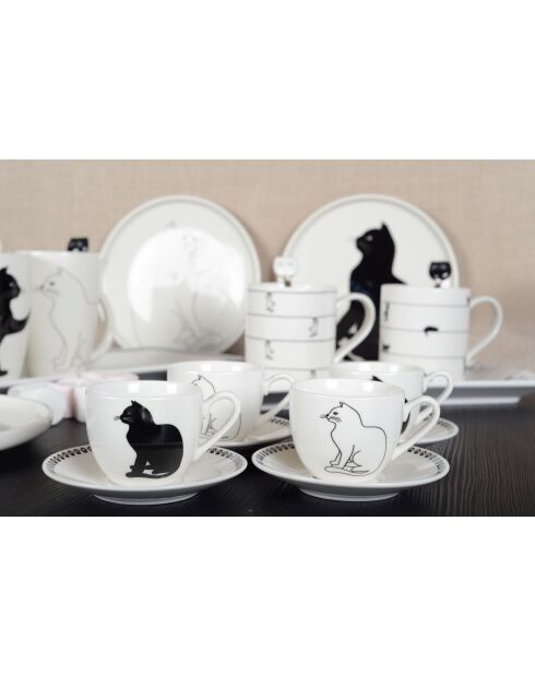 Lot de 4 tasses à café avec soucoupes chat noir et blanc - 11x11x6 cm