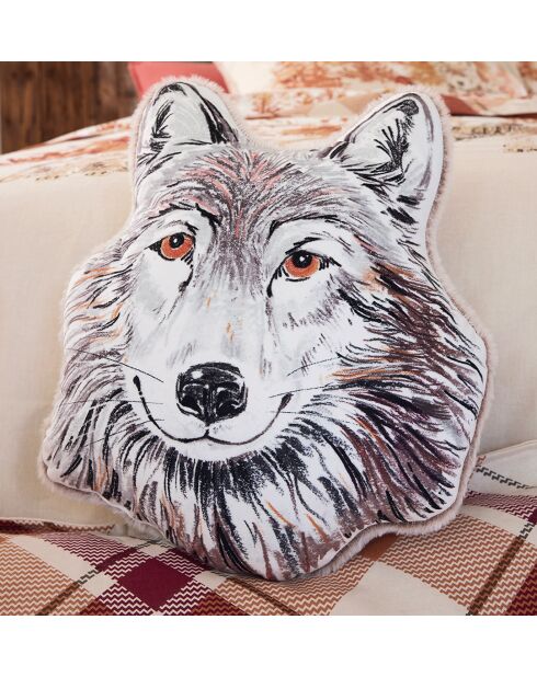 Coussin Câlins en forêt en forme de loup marron - 34 x 40 cm.
