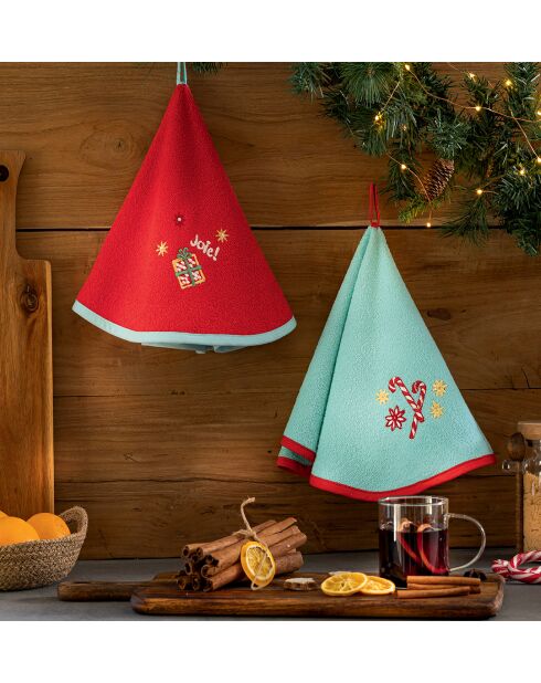 Set di 2 asciugamani rotondi In December in cotone rosso e blu ghiaccio - Ø 56 cm.