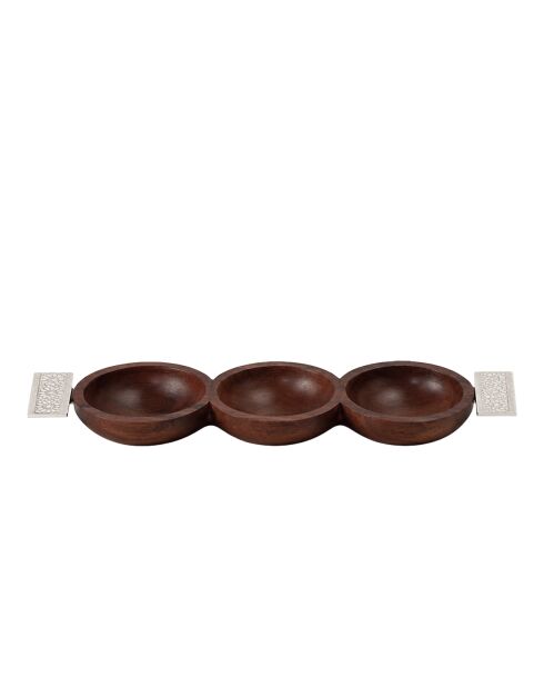 Set apéritif 3 coupelles en bois avec poignées argentées - 30x10x4.5 cm