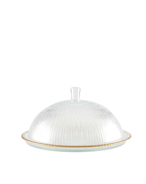 Cloche en verre bords dorés sur plat - 32x32x17cm