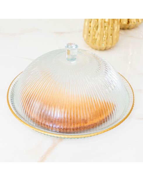 Cloche en verre bords dorés sur plat - 32x32x17cm