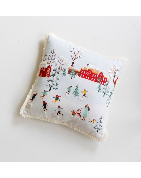 Housse de coussin Patinoire brodée à franges beige - 40 x 40 cm.