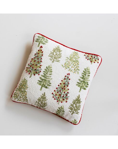 Housse de coussin Sapin brodée en coton beige et vert - 40 x 40 cm.