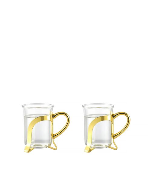 Lot de 2 tasses à café en verre avec déco en métal doré - 6x6x8.5 cm