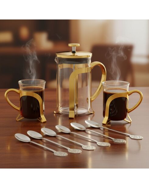 Lot de 2 tasses à café en verre avec déco en métal doré - 6x6x8.5 cm