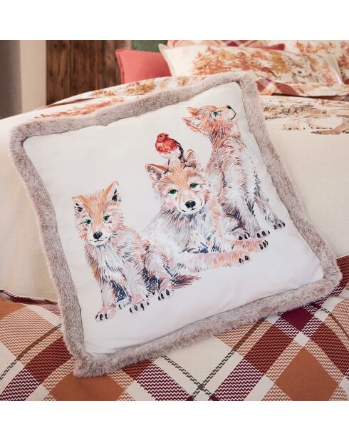 Housse de coussin Câlins en forêt en velours à motif loup multicolore - 40 x 40 cm.