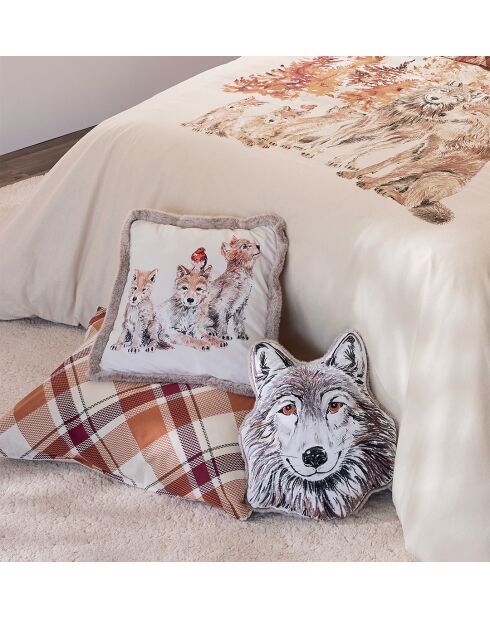 Housse de coussin Câlins en forêt en velours à motif loup multicolore - 40 x 40 cm.