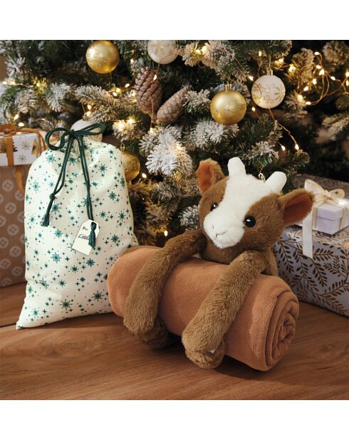 Peluche bouquetin avec plaid polaire - peluche H 25 cm, plaid 100 x 80 cm.