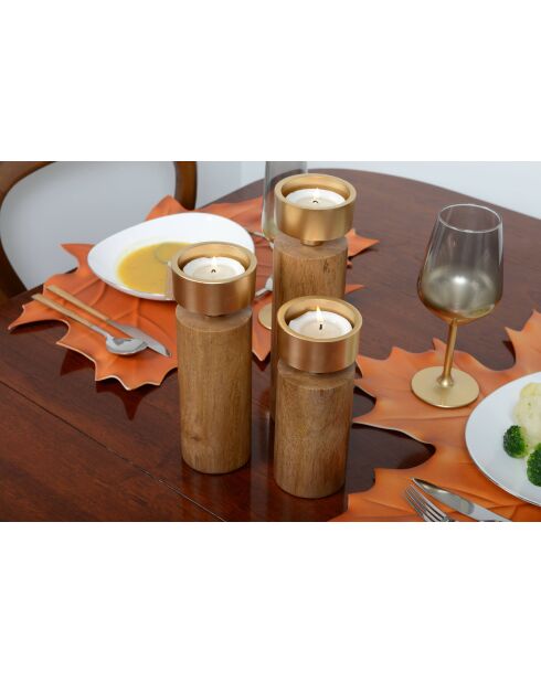 Bougeoir bois et métal doré - 7.5x7.5x23cm
