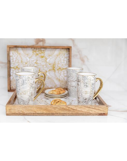 Lot de 4 mugs blancs design abstrait - 9x9x15 cm