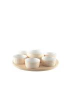 Set apéritif de 7 coupelles sur plateau en bois rond - 30x30x7 cm